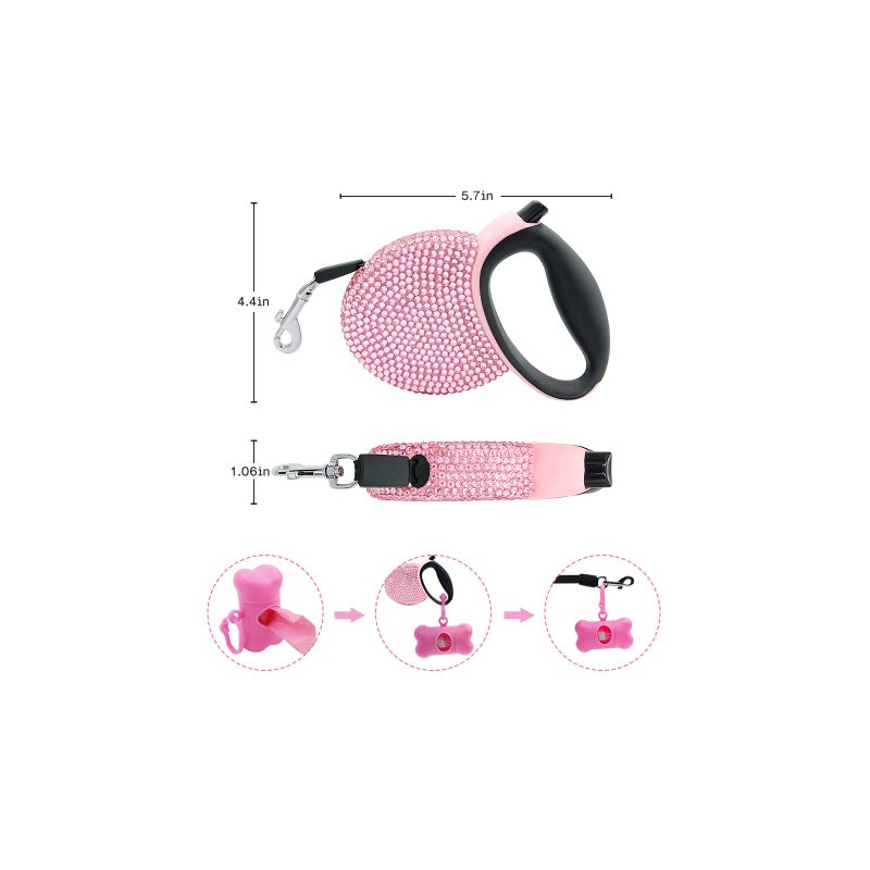 Triumilynn Pink Rhinestone Retractable Dog Leash Bling 10ft, Sparkle Sparkling Pet Cat Leash for Small Breed, Bling Crystal Small Dog Leash Cute, Girl Dog Lead Waste Bags Dispenser Included, 360Â° Tangle-Free - Image 4
